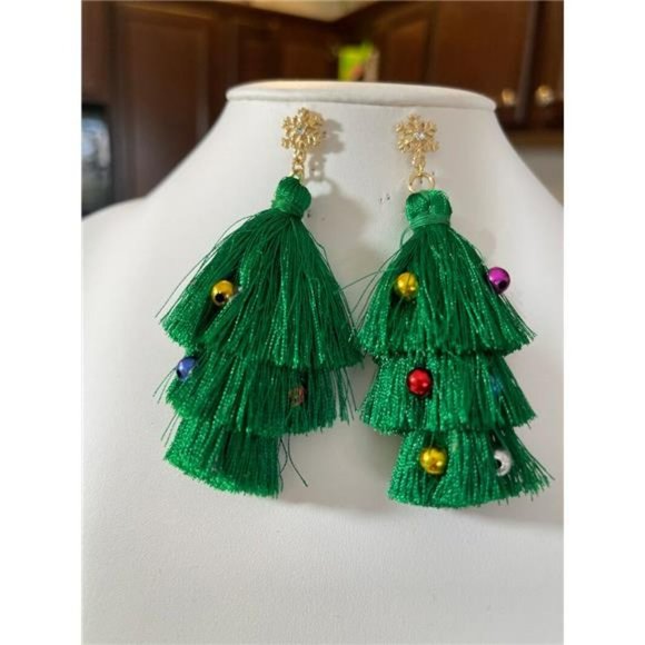 Green Fringe Christmas Tree Earrings Christmas Ornaments Decor Bridal Jewelry - Picture 4 of 6